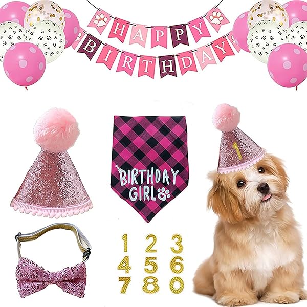 ペット 誕生日帽子 犬 バースデー 飾り付け ペット 猫 誕生日 数字付き おしゃれ 帽子 蝶ネクタイ バンダナ 風船 誕生日グッズ 誕生日 記念日 バナー パーティー飾り (ピンク)