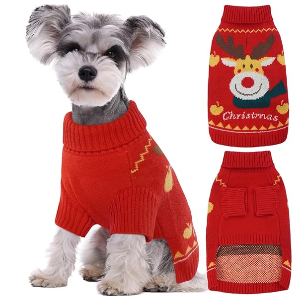犬服 犬用セーター クリスマスパターン 秋冬服 ソフト 防寒保温 ニット タートルネック 伸縮素材 リー..