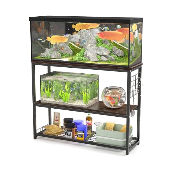 水槽台 幅90cm 棚 スタンド 90センチ水槽台 中棚板高さ調整 ラック ウッドデコスタンド 90cm 台 三段式 フック付き 総耐荷重約120kg 頑丈 シェルフ アジャスター付き 奥行き30cm×高さ70cm ウォールナット