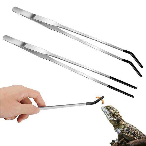 ゴムチップ付きステンレススチール爬虫類給餌トング2個、頑丈なエクストラロングピンセット、クレステ..