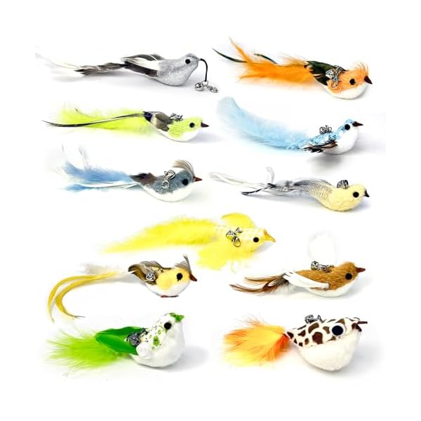 猫用おもちゃ替えヘッド 11個セット|リアルバードデザイン 羽根&鈴付き 手作りキャットトイ/猫じゃらし交換用 インテリア&バッグチャーム装飾