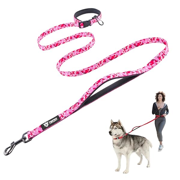 ハンズフリー犬用リード 調節可能な散歩・ランニング用 安全コントロールパッドハンドル付き 重いクラスプ搭載 中型～大型犬用(迷彩ピンク,M)