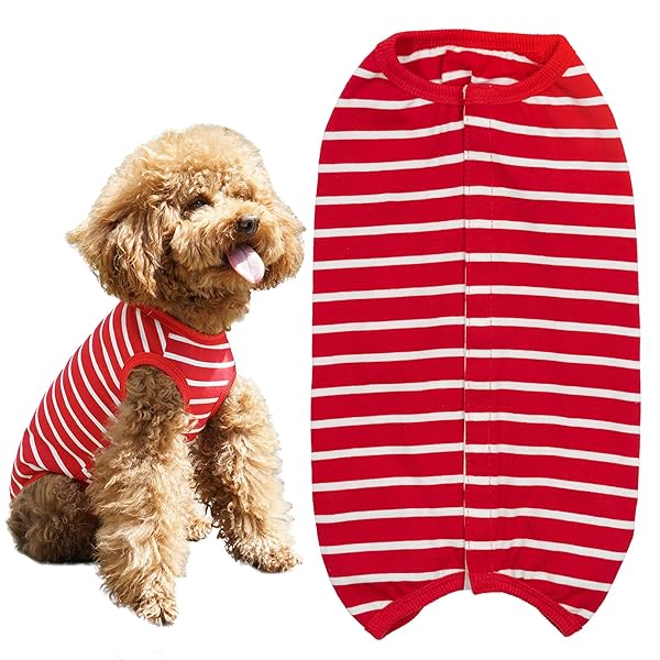 PET 術後服 犬 服 犬用品 術後ウェア 術後カバー服 エリザベスカラーの代わる 保護服 雄 雌兼用 避妊 離乳 傷口保護 皮膚病 通気 夏用 小型犬 中型犬（XL、レッドボーダー）