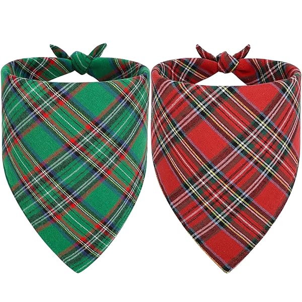 犬用バンダナ, 2枚セット クリスマス ペットスタイ 三角スカーフ チェック柄よだれかけ 簡単脱着式 調整可能 水洗い可 首周りが40cm以下 小型犬 中型犬用