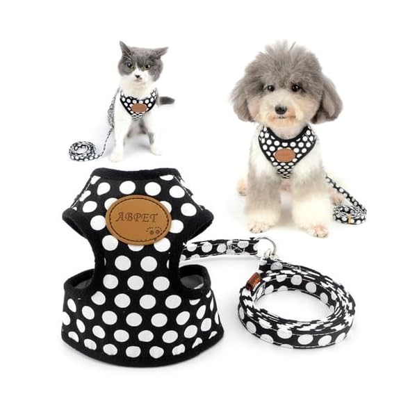 犬用 ハーネス リード セット 可愛い ドット柄 ソフトメッシュ 胴輪 チワワ用 散歩 ペット用品 ドッグウェア 小型犬用 ブラック, S