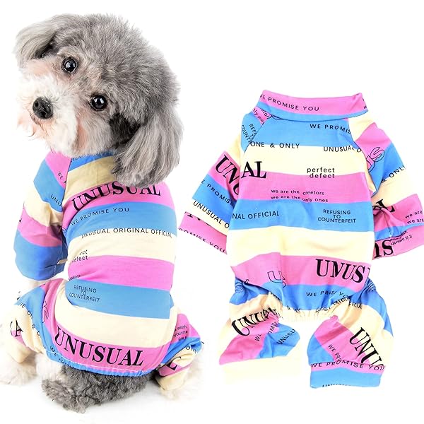 犬服 犬の服 つなぎ ロンパース パジャマ 縞柄 英字絵柄 かわいい おしゃれ 洋服 四つの足 ジャンパー 猫服 小型犬 子犬 ストライプ Tシャツ 部屋着 寝間着 ドッグウエア 抜け毛防止 お洒落 お散歩 ペット服