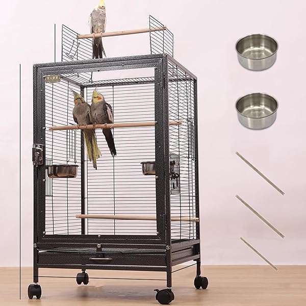 鳥かご 鳥ケージ 45*45*77cmインコ 大きいケージ 豪華 キャスター付き 移動便利 天井扉 オウム バードパレス 止まり木 餌入れ付き オカメ セキセイ ボタン 文鳥 キンカチョウ 中小型鳥向き 耐久性 B型ブラック