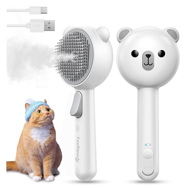 猫ブラシ スチーム ワンプッシュ式 蒸し猫ブラシ ペット用ブラシ 抜け毛除去簡単 噴霧式 ペットグルーミングブラシ マッサージ スリッカーブラシ 静電防止 USB充電式 犬猫通用 短毛 長毛 丸洗い可能 皮膚に優しいブラシ ホワイト