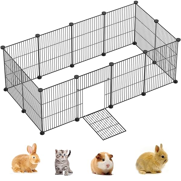 ペット囲い ドア付き・鉄線密閉設計 ポータブル小型ペット用ケージ ペットトレーニング柵 63長さ x 123幅 x 41高さ cm遊び場ウサギ/子猫/子犬/フェ...