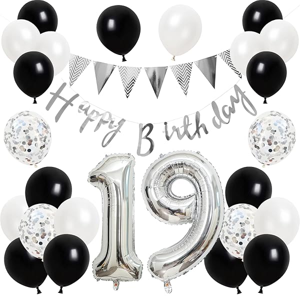誕生日 バルーン 風船セット 飾り付け 19歳 happy birthday ガーランド バースデー 飾り ハッピーバースデー 大きい数字 紙吹雪風船 パーティー プレゼント サプライズ 大人 男の子 女の子 ブラック シルバー