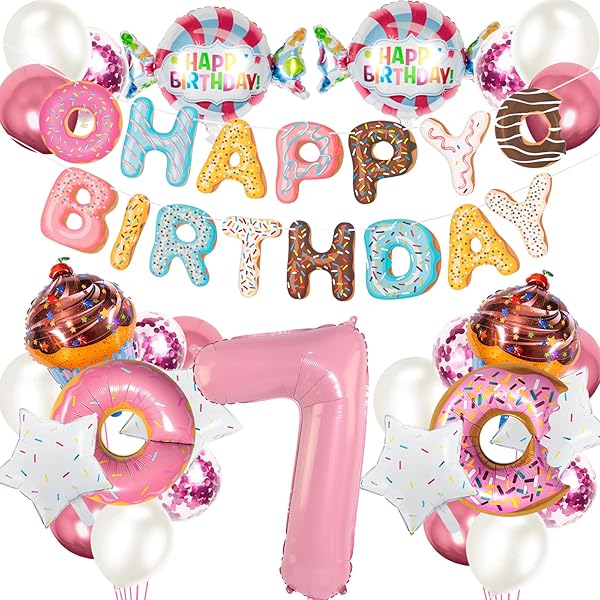 乐天商城 - 誕生日 バルーン 数字 風船 ピンク ドーナツ 飾り付け セット ハッピーバースデー 風船 happy birthday バルーン パーティー 飾り かわいい 豪華で大容量 子供 少女 お祝い (7歳)