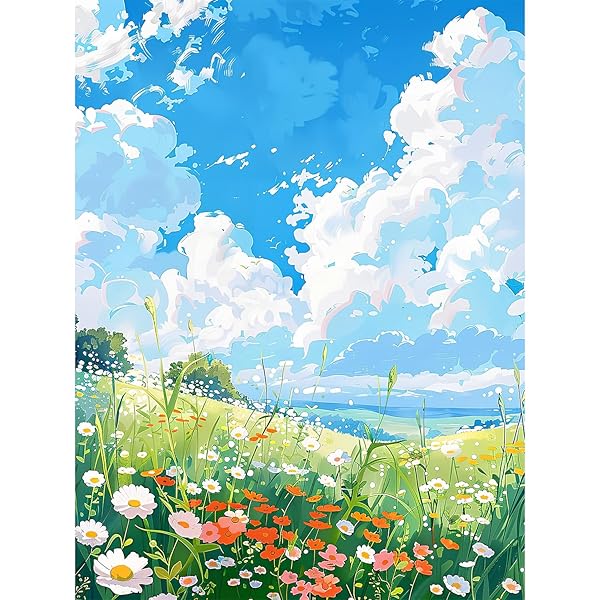 ダイヤモンドアートキット DIY ダイアモンドビーズ絵画キット青空と白い雲 色とりどりの花が咲く草原 初心者向けの5dダイヤモンド絵画 家の壁の装飾 芸術品 風...