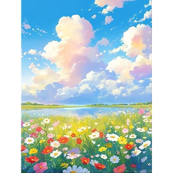 ダイヤモンドアート 自然風景 5Dラウンドドリル 青空と湖のカラフル花畑 モザイクアート初心者 大人 DIYダイヤモンド塗装全貼り付けタイプ家の壁装飾用 (30...