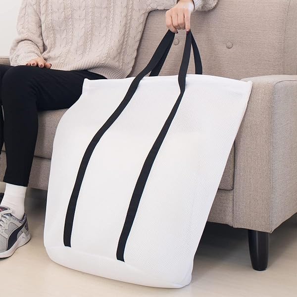 サンゴ 洗濯ネット Lサイズ 取っ手付き コインランドリー用 大容量 洗濯入れる袋 毛布が洗える 白 ホワイト 黒 ブラック モノトーン ランドリーバッグ 幅60×高さ55×マチ30cm トートバッグ 持ち運びに便利 温泉 スパ サウナ ランドリーネ