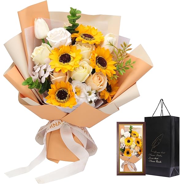 ソープフラワー ひまわり 花束 母の日 誕生日プレゼント ひな菊バラ チューリップ 石鹸花 造花ブーケ 枯れない花 結婚祝い 開店祝い 退職 送別 卒業式 敬老の日ギフト BOX入り花 メッセージカード付き（黄）