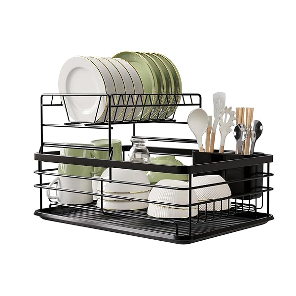 水切りラック 水切りカゴ 水切りかごキッチンラック 水切りトレー 洗い物 食器 キッチン 台所 耐久性 ハンドル付き 黒色 二層