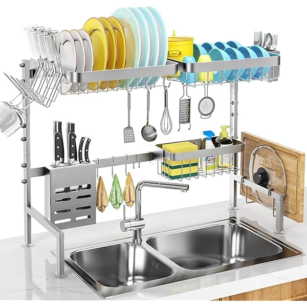 シンク上大型食器乾燥ラック(65cm-85cm) ステンレス鋼キッチンシンク用2段式長さ調節可能食器水切り 自動水切り 省スペース キッチンオーガナイザー, ブラック不锈钢