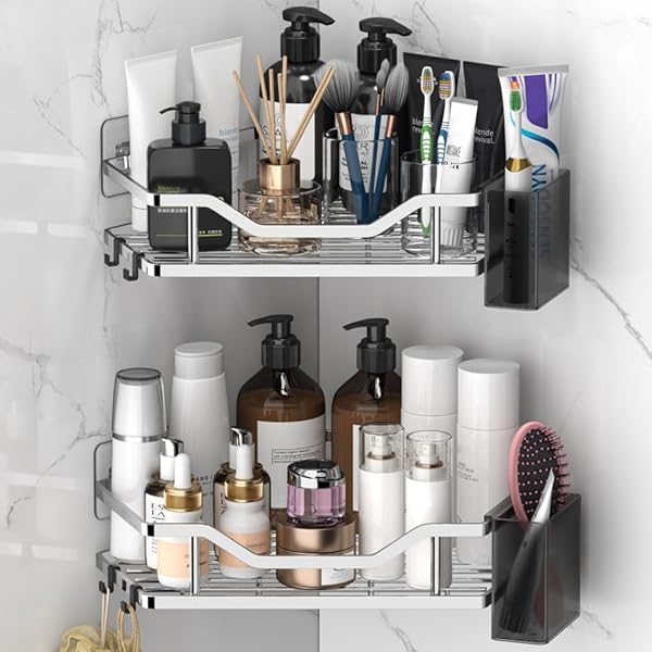 浴室用ラック ステンレス シャワーラック 強力粘着固定 大容量 お風呂 収納 浴室 洗面所 バスルーム 2段 シルバー 幅34x奥行21x高7CM