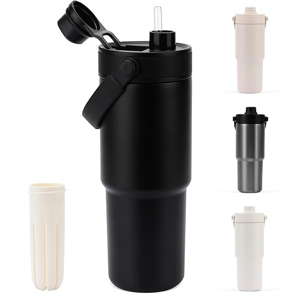 タンブラー 735ML ストロー付き水筒 セラミック タンブラー 蓋付き 大容量 直飲み 真空断熱 保温 保冷 シームレス ボトル 水筒 食洗機対応 取っ手付き 持ち運び 車載/オフィス/アウトドア/キャンプ ブラック