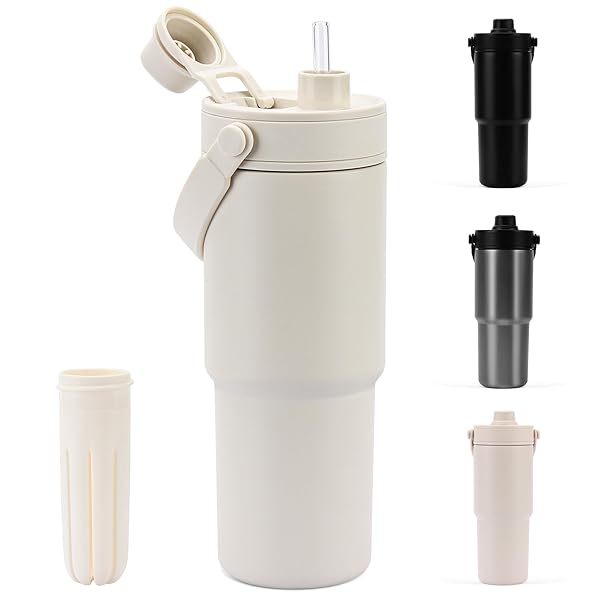 タンブラー 735ML ストロー付き水筒 セラミック タンブラー 蓋付き 大容量 直飲み 真空断熱 保温 保冷 シームレス ボトル 水筒 食洗機対応 取っ手付き 持ち運び 車載/オフィス/アウトドア/キャンプ ホワイト