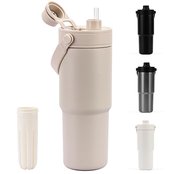 タンブラー 735ML ストロー付き水筒 セラミック タンブラー 蓋付き 大容量 直飲み 真空断熱 保温 保冷 シームレス ボトル 水筒 食洗機対応 取っ手付き 持ち運び 車載/オフィス/アウトドア/キャンプ カーキ