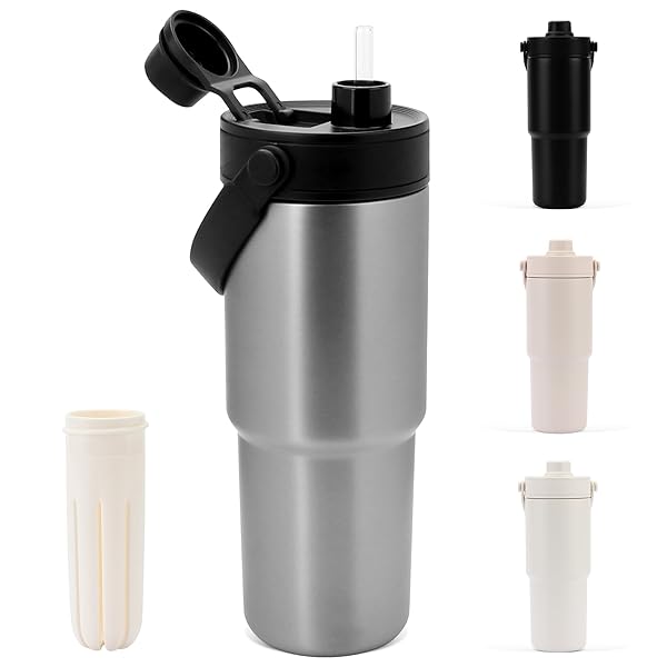 タンブラー 735ML ストロー付き水筒 セラミック タンブラー 蓋付き 大容量 直飲み 真空断熱 保温 保冷 シームレス ボトル 水筒 食洗機対応 取っ手付き 持ち運び 車載/オフィス/アウトドア/キャンプ シルバー