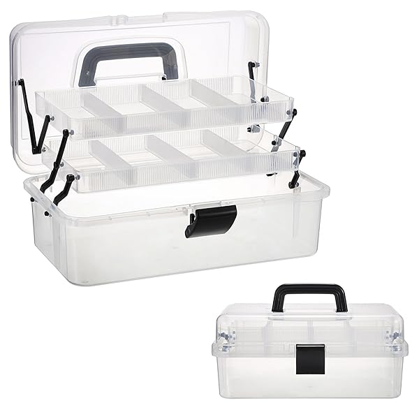 大容量ツールボックス 収納ボックス 収納箱 三段折りたたみ 多機能 調整可能な間隔 雑貨収納 取っ手付き 小物入れ 家用 車用 （クリア＋ブラックバックル）