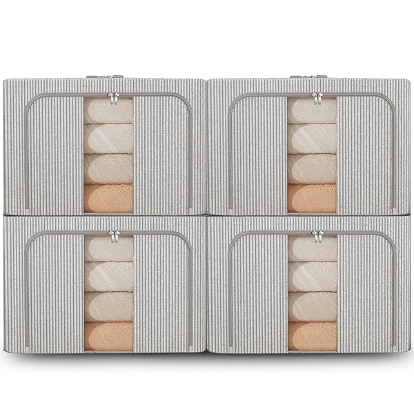 収納ボックス 収納ケース4点セット 66L大容量 衣類収納 折りたたみ 取っ手付き ふた付き おしゃれ 布製 衣装ケース 透明窓付き ファスナー (グレー&ボーダー柄-4)