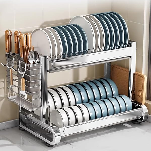水切りラック ステンレス 食器 水切り かご 大容量 キッチン ラック 多機能収納 省スペース 組立簡単 シルバー 2段 幅55.5*奥行27x高33.5CM