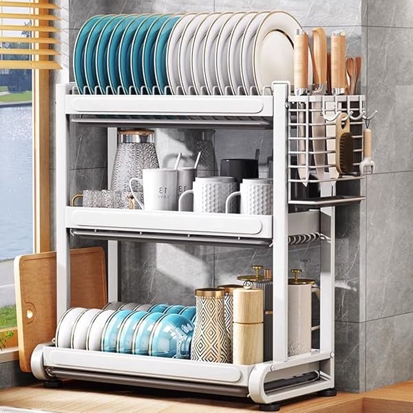 水切りラック 食器 水切り かご 大容量 キッチン ラック 多機能収納 省スペース 組立簡単 ホワイト 3段幅55.5*奥行27x高51.5CM