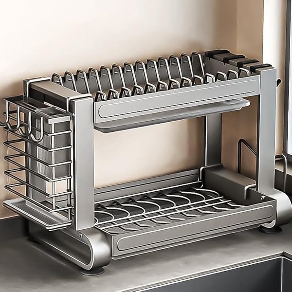 水切りラック 食器 水切り かご 大容量 キッチン ラック 多機能収納 省スペース 組立簡単 グレー 2段 幅55.5*奥行27x高33.5CM
