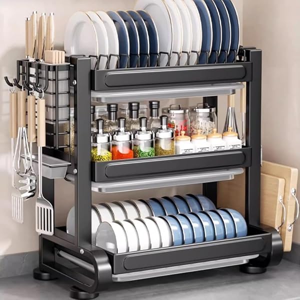 水切りラック 食器 水切り かご 大容量 キッチン ラック 多機能収納 省スペース 組立簡単 ブラック 3段 幅55.5*奥行27x高51.5CM
