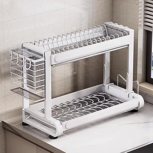 水切りラック 食器 水切り かご 大容量 キッチン ラック 多機能収納 省スペース 組立簡単 ホワイト 2段 幅55.5*奥行27x高33.5CM