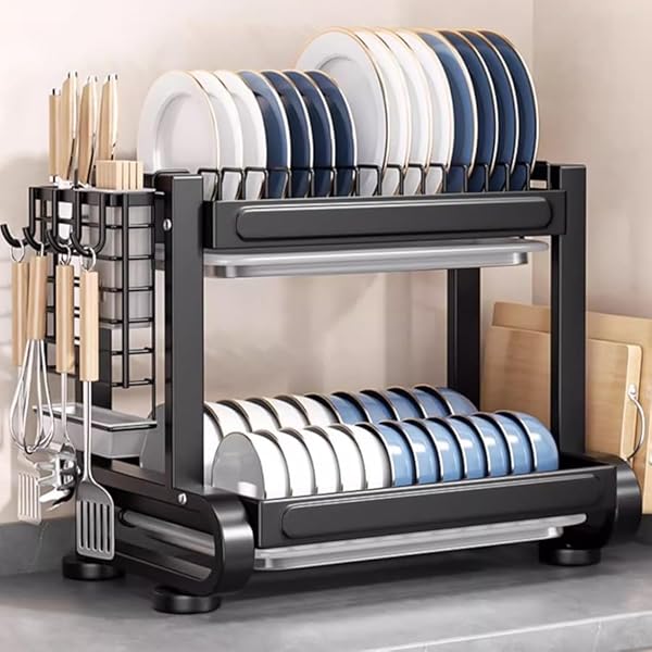 水切りラック 食器 水切り かご 大容量 キッチン ラック 多機能収納 省スペース 組立簡単 ブラック 2段 幅55.5*奥行27x高33.5CM