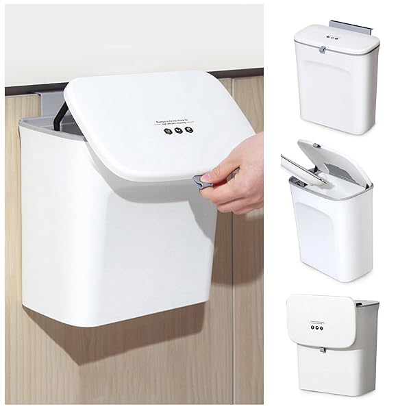 壁掛けゴミ箱 フタ付きゴミ箱 吊り下げゴミ箱 7L ホワイト 大口径 密閉 防臭 スライド式 ごみ入れ板付き 多機能 ホワイト トイレ/キッチン/リビング/バスルーム (7L)