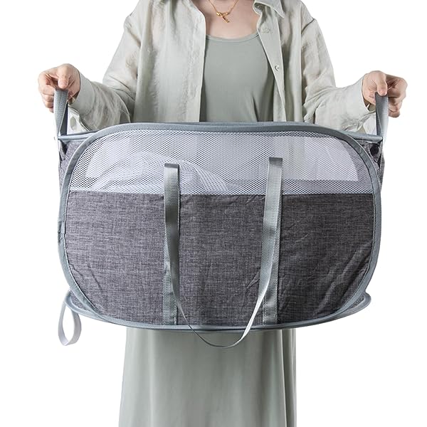 洗濯カゴ 洗濯かご 折りたたみ 破れにくい 横型 ランドリーバスケット 70L 大容量 強化されたハンドル メッシュ ランドリーバッグ ランドリーボックス 洗濯籠 洗濯物入れ 収納 超軽量 旅行 持ち運び可能 (グレー, 新しい横型-1個入)