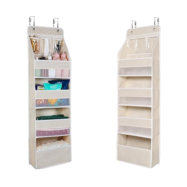 ウォールポケット 壁掛け収納 5段 【2024変形防止設計】 ドア掛け 収納ポケット 壁掛け 吊り下げ収納ポケット PVCポケット3個付き 大容量 不織布 頑丈 メッシュ窓 おむつ タオル 化粧品 おもちゃ 収納 弾性フック2個付き (ベージュA)