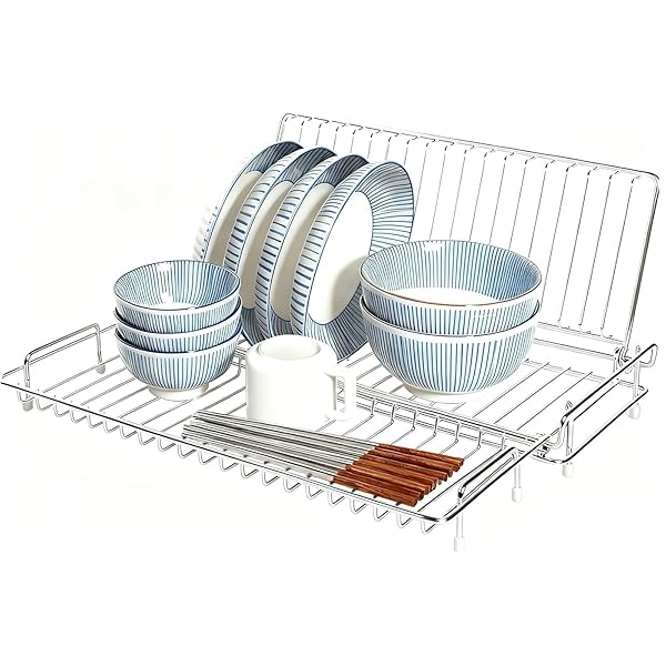 シンクサイド水切りラック, 食器 水切り, 水切りラック 折りたたみ スライド調整可能, 収納 畳式 水切りかご，ステンレス製, 箸置き付き