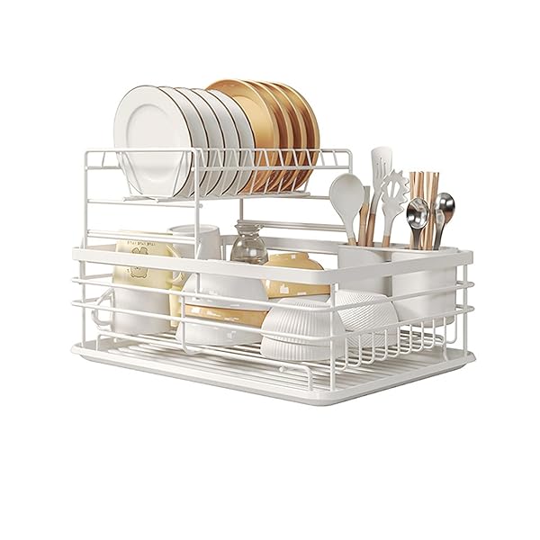 水切りラック キッチンラック 水切りカゴ 水切りかご - 水切りトレー 洗い物 食器 キッチン 台所 - 耐久性 ハンドル付き 白色 二層