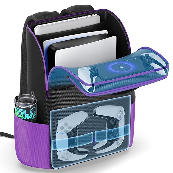 PS5 収納バッグ PS5用持ち運びケース PS5用バックパック プレステ5/新型PS5 Slim/PS5 Pro/PS Portal収納 保護ケース PS5周辺機器収納 大容量 撥水加工 持ち運び (紫)