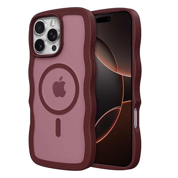 乐天商城 - iPhone 16 Proケース用,【MagSafe対応】キュートなウェーブの半透明マットスマホケース 女性用 女の子用 男性用 iPhone 16 Proケース,ワインレッド