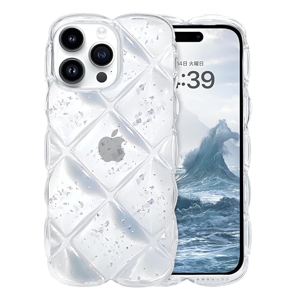 iPhone13ProMax ケース クリア ウェーブ 菱形バック いphone 13ProMax 透明 うねうね ケース TPU キラキラ 菱形 凸凹 アルミ箔シルバー 可愛い 韓国 人気 耐衝撃 超軽量 おしゃれ バンパー ストラップホール付き