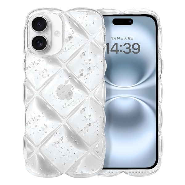 iPhone16 ケース クリア ウェーブ 菱形バック いphone 16 透明 うねうね ケース TPU キラキラ 菱形 凸凹 アルミ箔シルバー 可愛い 韓国 人気 耐衝撃 超軽量 おしゃれ バンパー ストラップホール付き アイフォン16 6.1イ