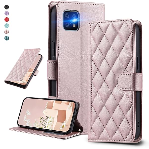 UnivoColors SHARP AQUOS Sense6 (SHG09/A201SH) キルティングレザー調 手帳型ケース エレガント 高質PU マグネット開閉式 カード収納機能 スタンド機能 液晶全面保護 レンズ保護 ストラップ付属(ゴールドピ