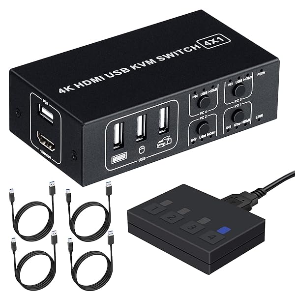 4入力1出力 HDMI KVMスイッチ USBキーボード・マウス・モニターを共有 パソコン切替器(PC4台用)