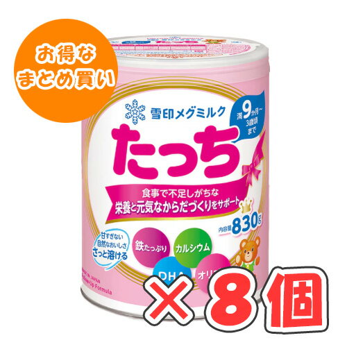 満9か月頃から3歳頃までは、乳幼児にとって心身の発達や成長が著しく、将来にわたる発育の過程においても大切な時期です。 フォローアップミルク「雪印メグミルク たっち」は、離乳食だけでは不足しがちな栄養をバランス良く補うミルクです。 離乳期の赤ちゃんの栄養状態を調べ、日本人の食事摂取基準(2020年版)、離乳期の食事摂取状態、乳幼児の栄養に関する知見を参考に、たんぱく質、脂質成分をはじめ、ビタミン・ミネラルを適切に配合しています。 また、離乳時に不足しがちな鉄や、離乳期からの乳幼児の発育に大切なDHA（ドコサヘキサエン酸）、オリゴ糖などを配合しています。 [アレルギー情報] 乳成分、大豆 ※商品リニューアル等により、記載内容・パッケージ等が異なる場合がございます。 　お召し上がりの際は、必ずお手元の商品の表示内容をご確認ください。