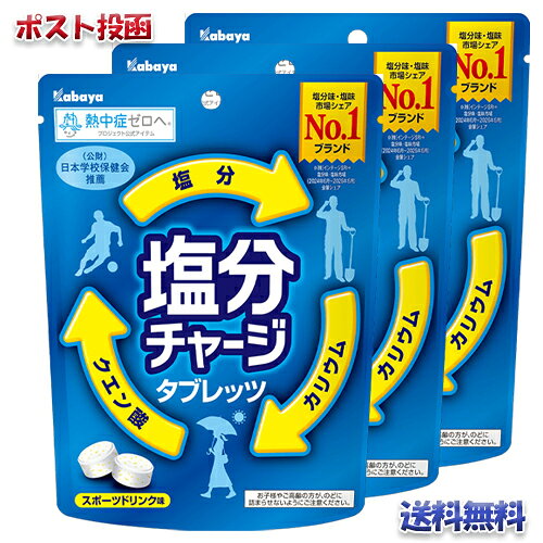 【商品説明】 適度な塩分をいつでも手軽においしく補える、タブレット菓子。 ナトリウムとともに汗によって体から失われるミネラル「カリウム」を配合しています。おでかけ時にも便利な個包装タイプ。 汗をかいた時にも食べやすい、すっきりとした「スポーツドリンク味」。 標準26粒（入り）　※内容量は重量で管理しているため、標準粒数と異なる場合がございます。 「塩分チャージ」はカバヤ食品(株)の登録商標です。 【原材料】 砂糖(国内製造)、ブドウ糖、水飴、食塩、乳糖／クエン酸Na、クエン酸、乳化剤、塩化K、香料、フマル酸Na、着色料（ビタミンB2） 【栄養成分】 1粒（標準3.0g）当たり エネルギー11.3kcal たんぱく質0.00g 脂質0.05g 炭水化物2.75g 食塩相当量0.119g カリウム15.7mg クエン酸相当量171mg 【アレルギー】 乳