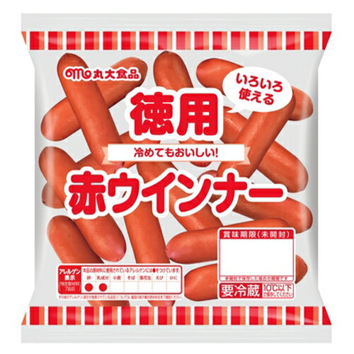 （商品説明） いろいろなお料理にお使いいただける徳用タイプの赤ウインナーです。 (原材料） 鶏肉（国産又はタイ（5％未満））、豚脂肪、豚肉、結着材料（でん粉、植物性たん白、ゼラチン）、食塩、砂糖、香辛料／加工でん粉、調味料（アミノ酸）、リン酸塩（Na）、保存料（ソルビン酸）、酸化防止剤（ビタミンC）、pH調整剤、発色剤（亜硝酸Na）、着色料（アナトー、カルミン酸）、（一部に卵・乳成分・牛肉・大豆・鶏肉・豚肉・ゼラチンを含む） (栄養成分） 100g当たりエネルギー351kcal・たんぱく質11.5g・脂質31.0g・炭水化物6.4g・ナトリウム781mg・食塩相当量2.0g （アレルギー） 卵、乳成分、牛肉 、大豆 、鶏肉 、豚肉 、ゼラチン 　　　　　　　　　　　　　　　　　　　　　　　