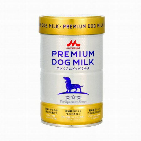 【商品説明】高品質・安全・安心の森永乳業グループの商品です。【原材料】乳たん白質、動物性脂肪、脱脂粉乳、植物性油脂、卵黄粉末、ミルクオリゴ糖、乾燥酵母、pH調整剤、乳化剤、初乳（牛）、タウリン、ラクトフェリン、イノシトール、L‐アルギニン、L‐シスチン、DHA、ビタミン類（A、　D、　E、　B1、　B2、　パントテン酸、　ナイアシン、　B6、　葉酸、　B−カロテン、　B12、　C、　コリン）、ミネラル類、ヌクレオチド、ビフィズス生菌、香料（バター）【栄養成分】たんぱく質34.0%以上、脂質33.0%以上、粗繊維0.3%以下、灰分7.5%以下、水分6.0%以下　544kcal/100g【使用方法】●哺乳用ミルクの濃度は、温湯10mlに対して粉ミルク2gの割合が標準です。●ミルクは、毎回与える度に1回分を調整し、作りおきはしないでください。●添付スプーンすり切り1杯には粉ミルク約2gが入ります。●必要な温湯（50℃）の全量を清潔な哺乳器に入れ1回分の粉ミルクを加え、乳首をつけてよく振りながら溶かします。●与える時のミルクの温度は35〜40℃が適温です。●離乳後の幼犬、または成犬、シニア犬に与える場合はご使用の食事（フード等）の1日総カロリー20%以内で適度な濃度に溶かして飲ませるか、そのまま食事にふりかけて与えてください。【ご利用上の注意】●開缶時にアルミの内ぶたで手を切らないよう注意してください。●内ぶたと缶に入っている脱酸素剤を安全に配慮して廃棄してください。●専用スプーンは乾燥した状態で使用し、缶に入れず、衛生的に保管してください。