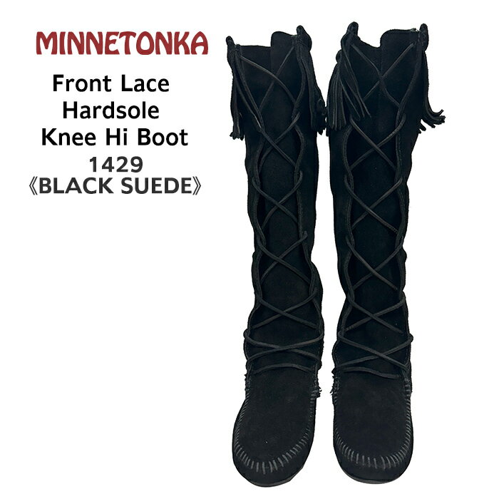 ミネトンカ MINNETONKA ブーツ Women 039 s Front Lace Hardsole Knee Hi Boot 1429 BLACK SUEDE ブラック 黒 US5 22cm 編み上げ ロングブーツ レースアップ ニーハイブーツ スエード レディース おしゃれ 人気 フリンジ かわいい お出かけ